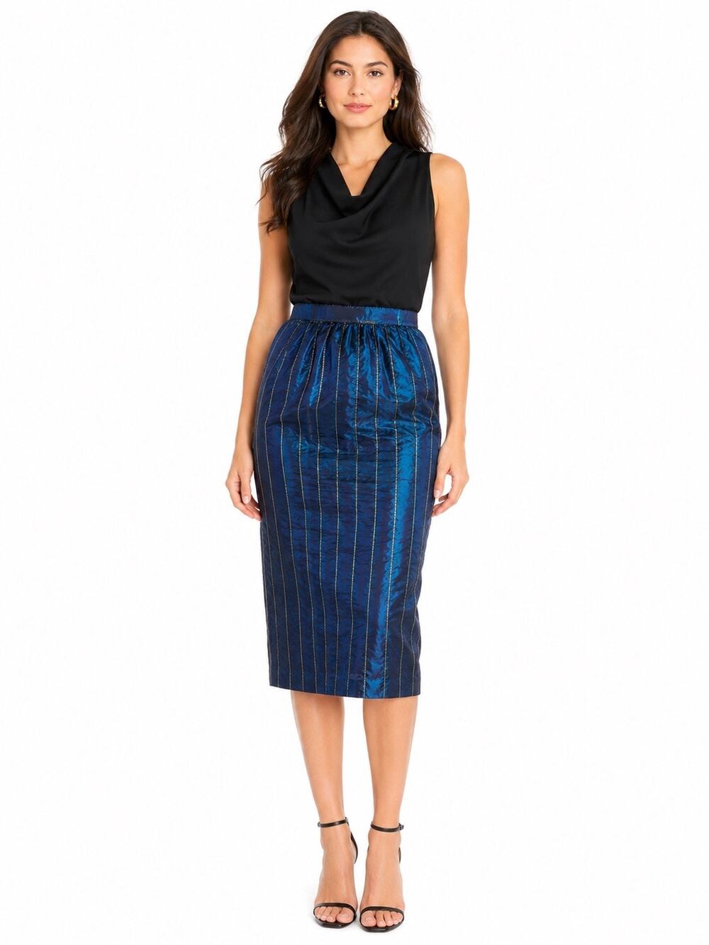 Vintage 1980s Iridescent Blue Taffeta Pencil Skirt Gold Stripe XS